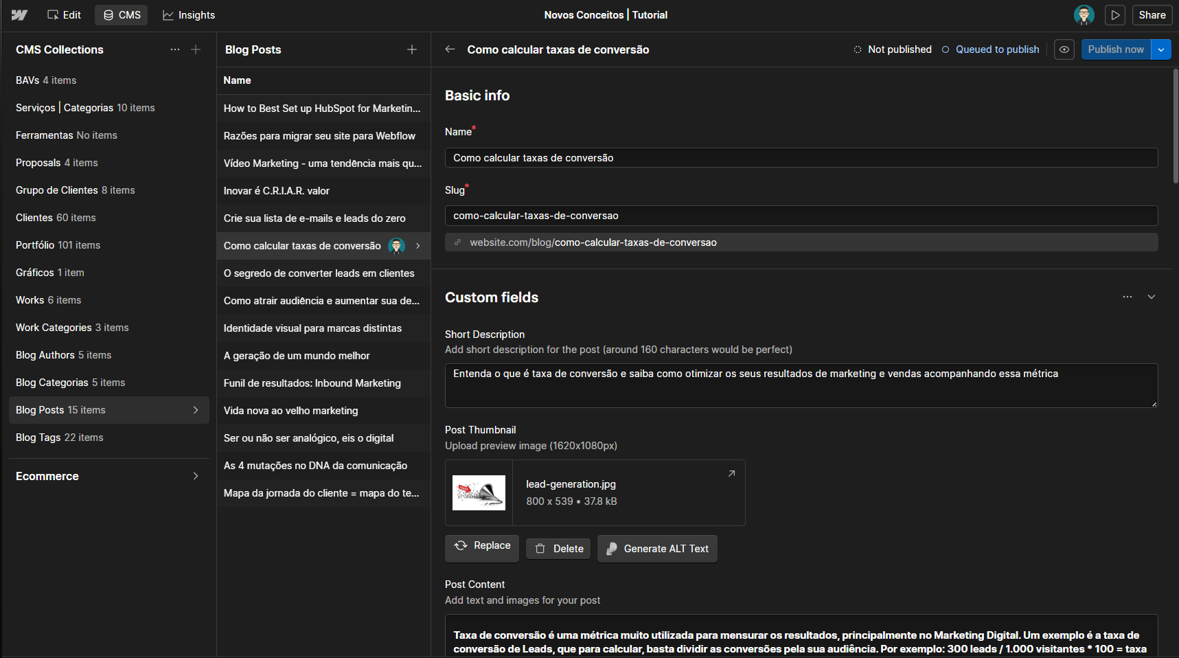 Item do CMS aberto no Webflow mostrando campos de nome, slug, descrição curta e imagem de destaque