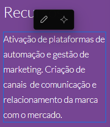 Bloco de texto de uma página com contorno azul e ícone de lápis para edição