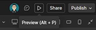 Ícone de Preview no canto superior direito do Webflow com o atalho Alt mais P