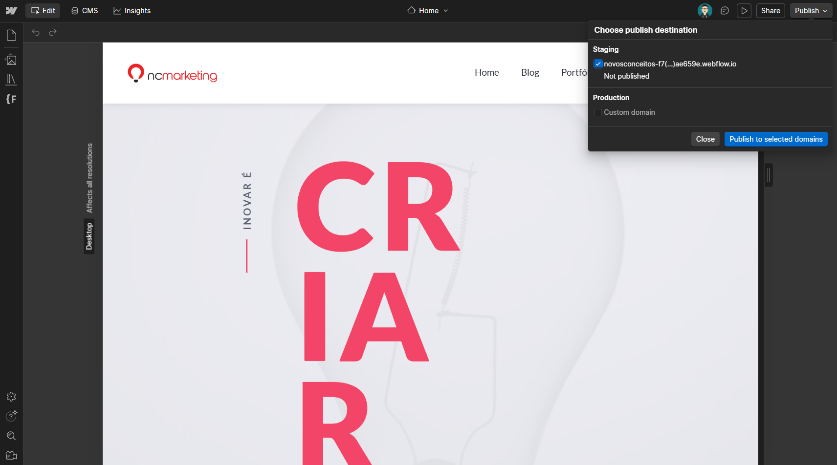 Janela Choose publish destination do Webflow com as seções Staging e Production