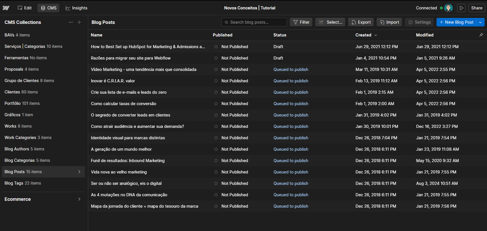 Painel CMS do Webflow com a lista de Collections à esquerda e os itens de Blog Posts à direita