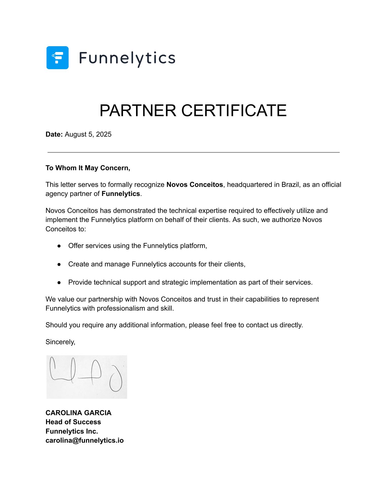 Certificado de parceria Funnelytics