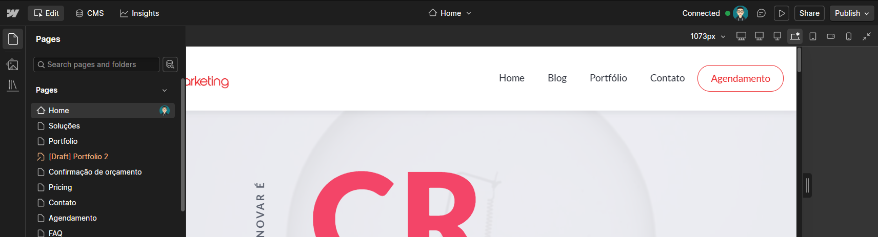 Barra superior do Webflow com Edit, CMS e Insights, e painel Pages aberto à esquerda