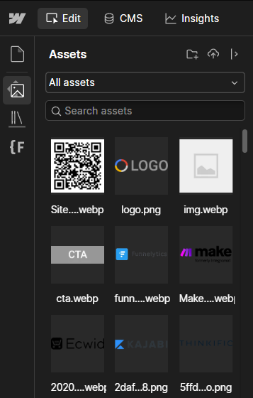 Painel Assets do Webflow com miniaturas de imagens e arquivos